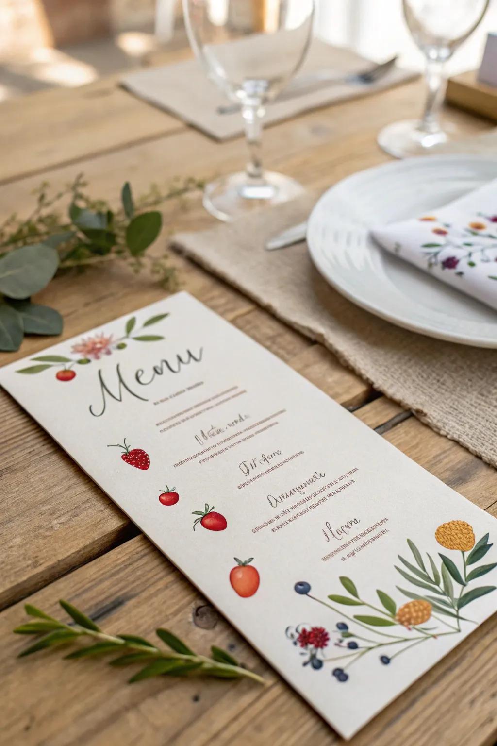 Discover the charm of individuality with hand-painted menu accents, where simplicity meets vibrant craftsmanship.