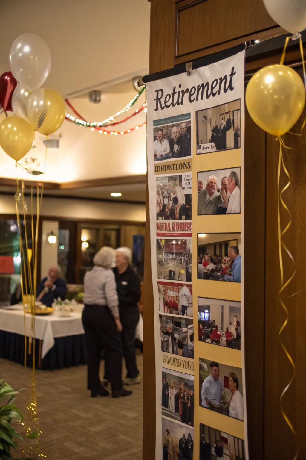 A memory-filled retirement banner celebrating a lifetime of achievements.