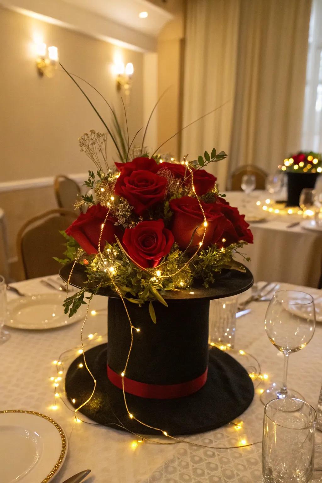 A hat centerpiece adds elegance and creativity to your decor.