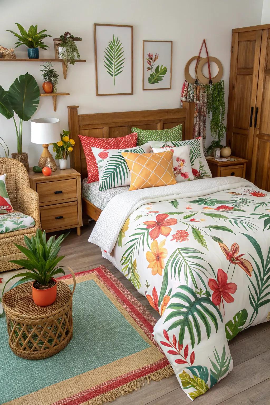 Island flora patterns bring the essence of Hawaii into your bedroom decor.