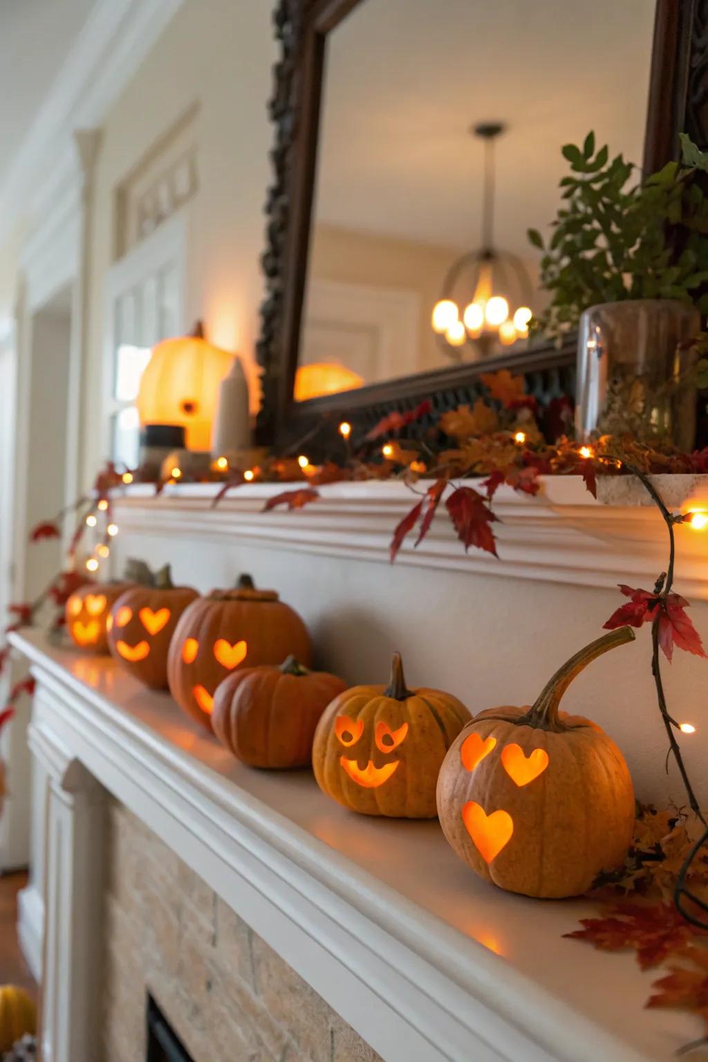 Glowing Heart Eyes Pumpkin Garland on a Mantel