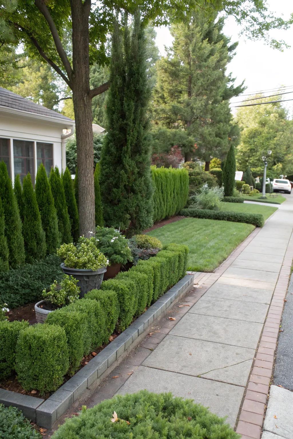 Evergreen juniper hedges creating a low-maintenance border.