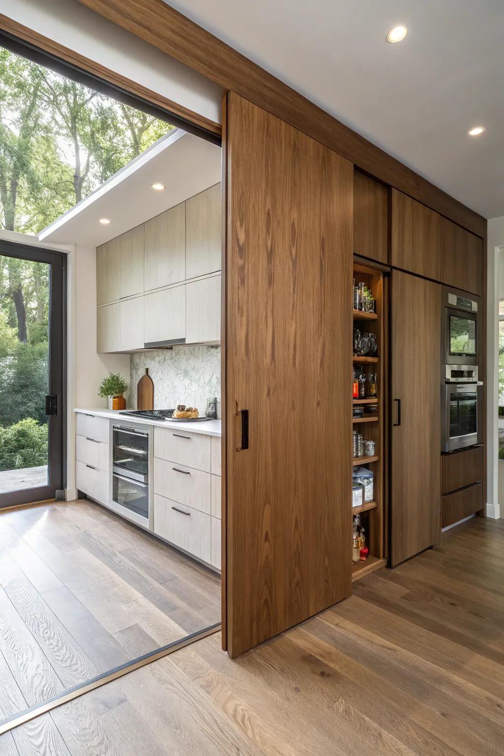 A hidden pocket door seamlessly integrated into kitchen cabinetry.