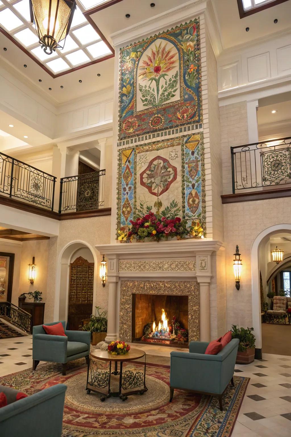 A mosaic mural adding vibrant personality to a two-story fireplace.