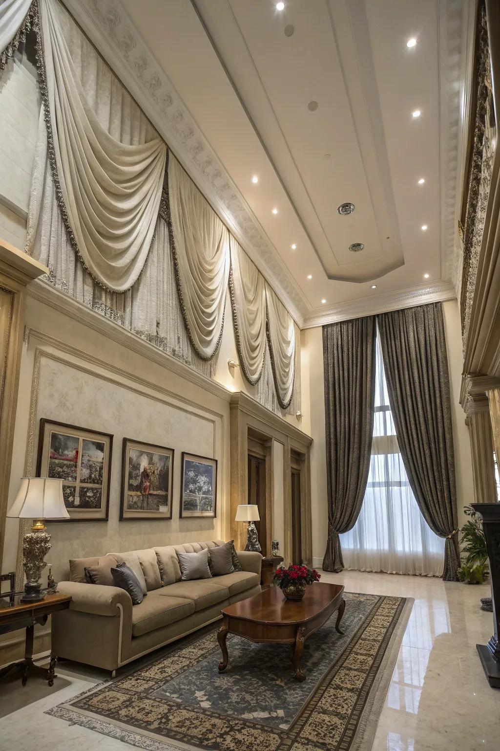 Draperies add elegance and highlight the height of rooms with high ceilings.