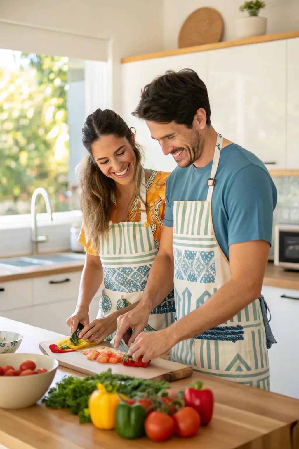 Matching aprons adding fun to cooking sessions.