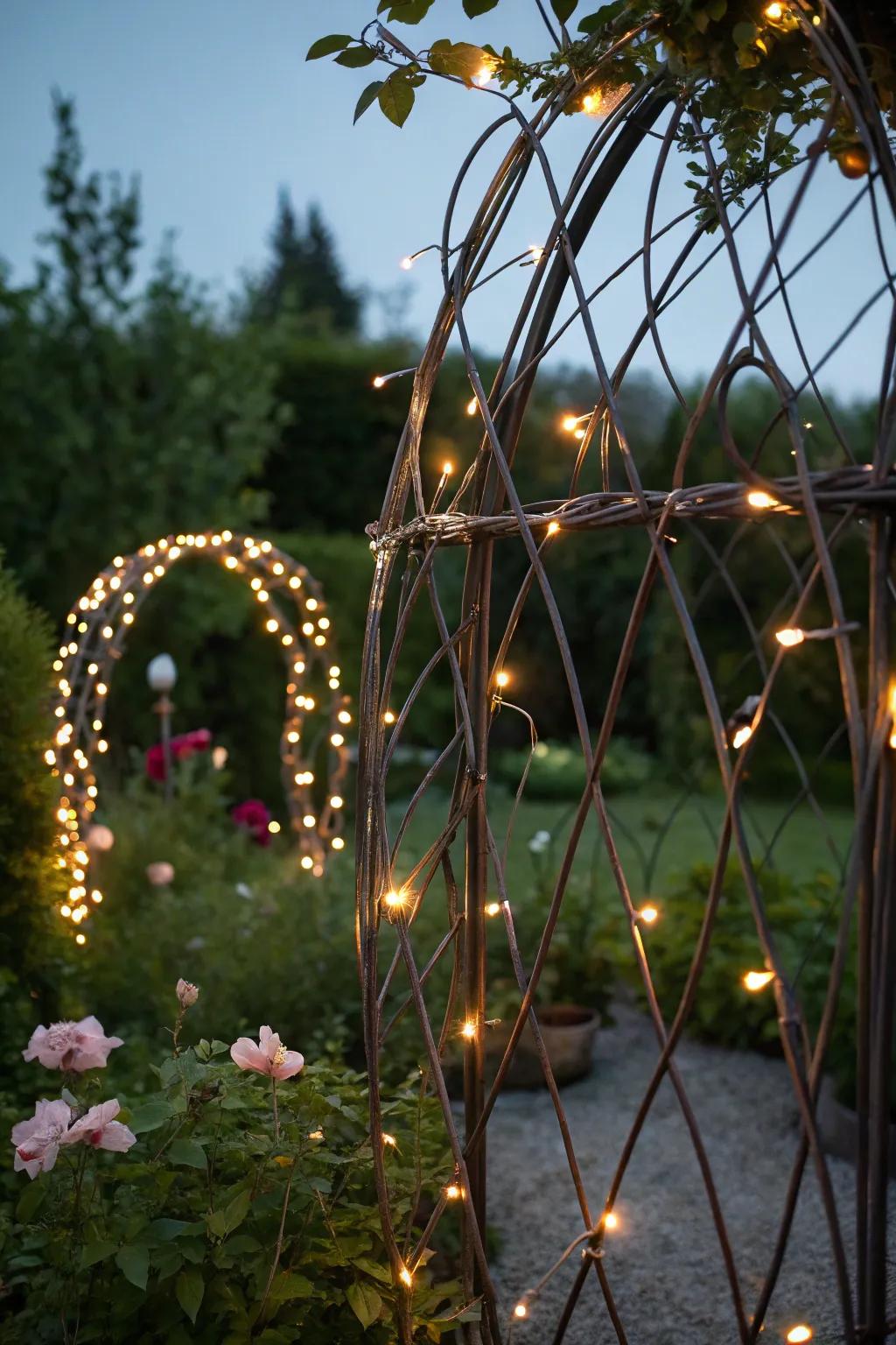 Illuminate your garden with the enchanting glow of fairy lights on a handcrafted hog wire trellis.