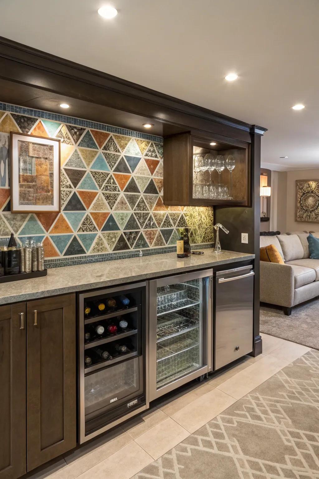 Geometric tiles add modern flair and interest to your home bar.