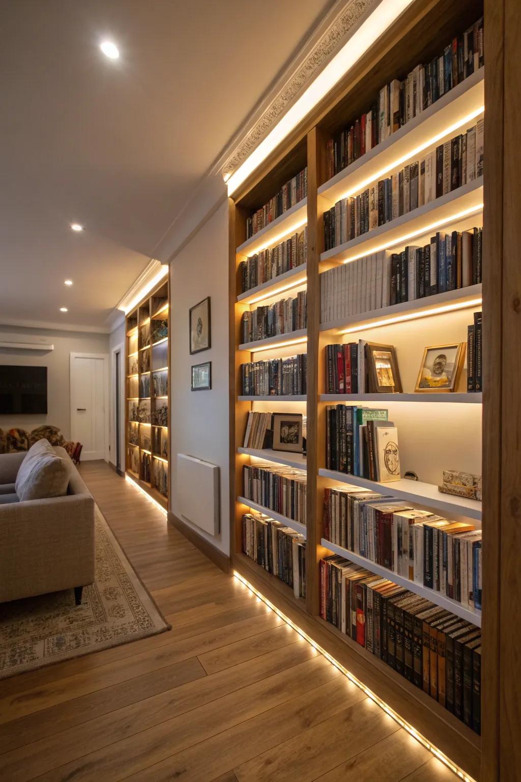 Bookshelves illuminated by LED strip lighting in a home library.