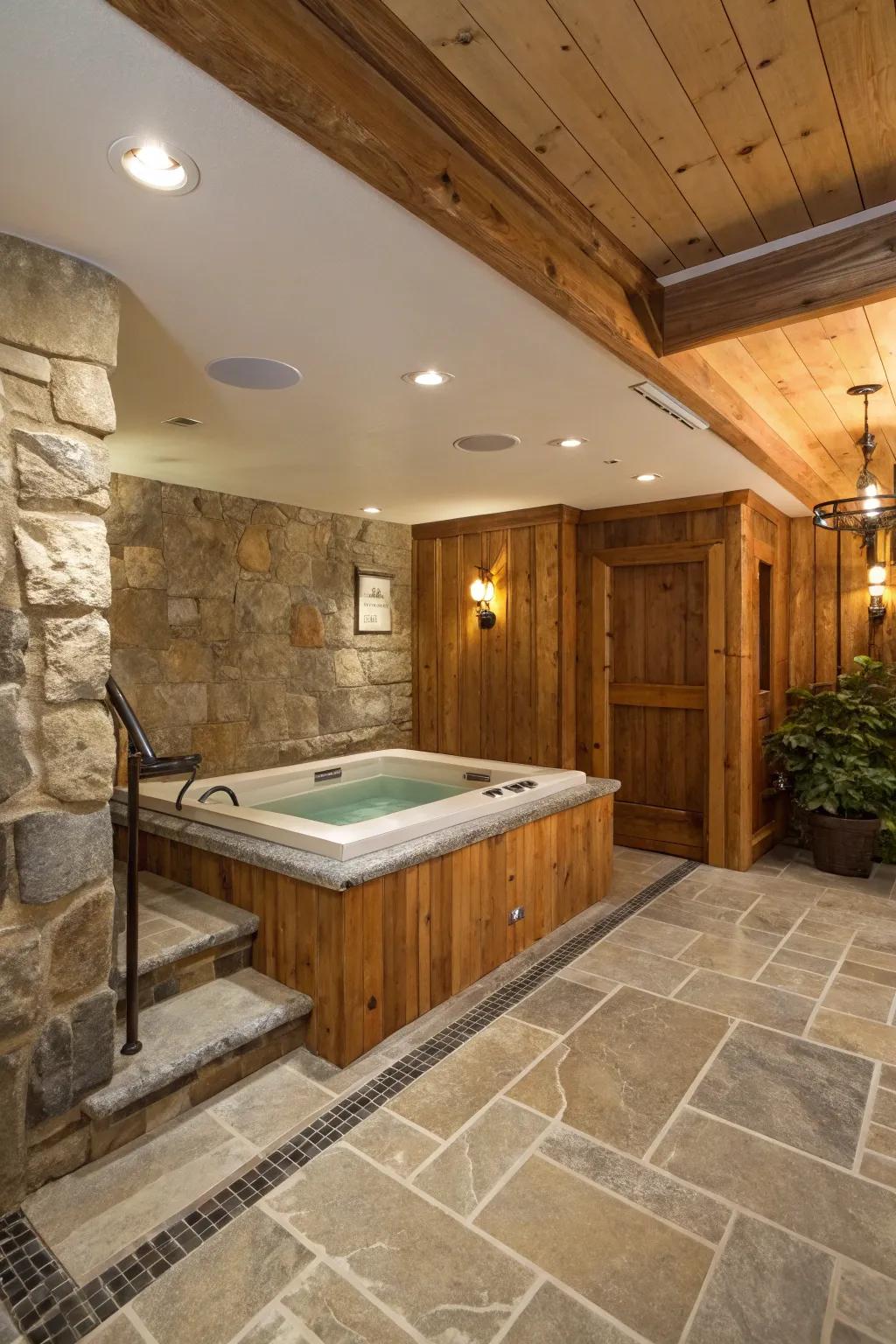 A hot tub room enriched with natural stone and wood textures.