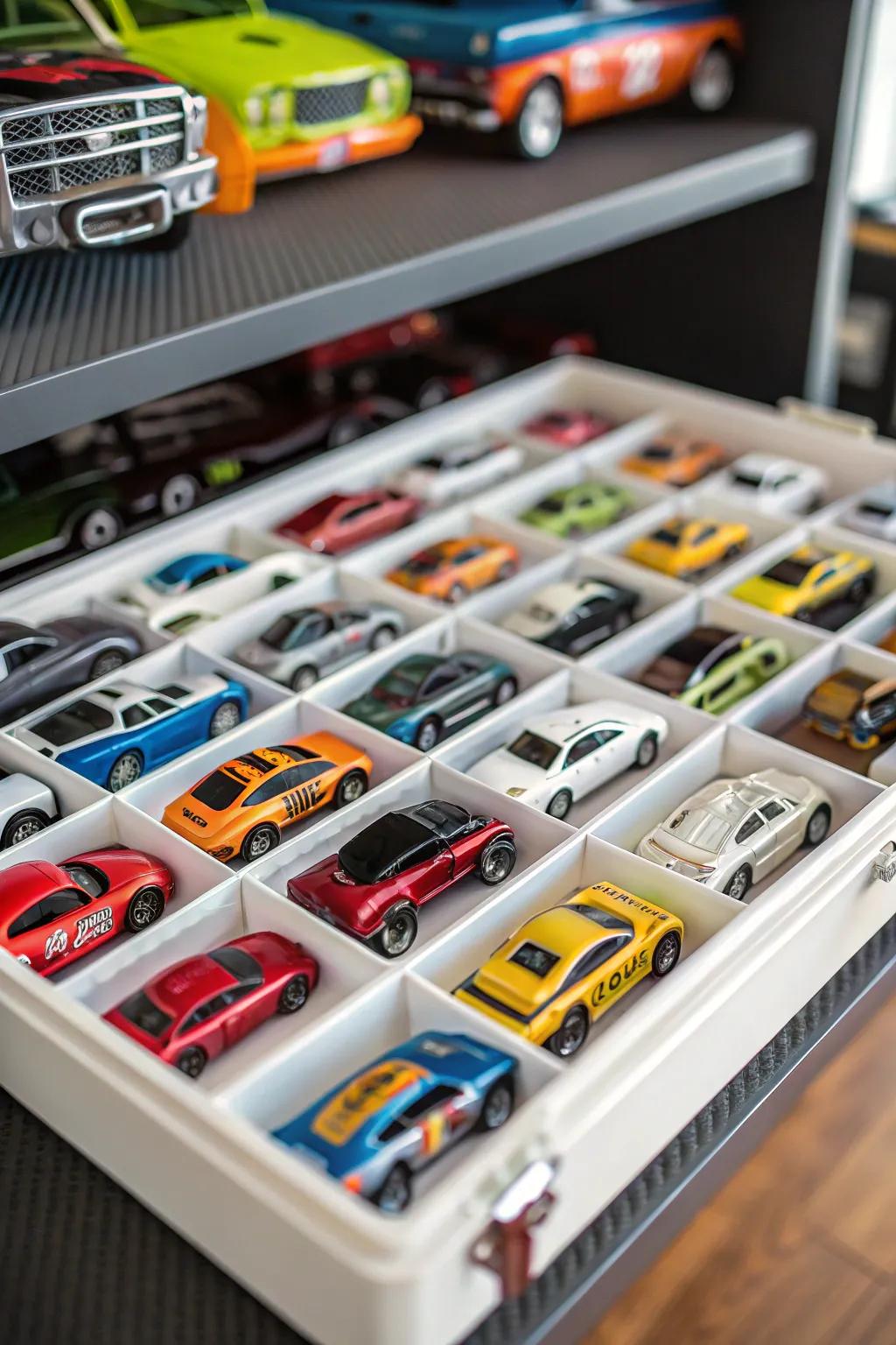 Drawer organizers keep Hot Wheels neat and accessible.