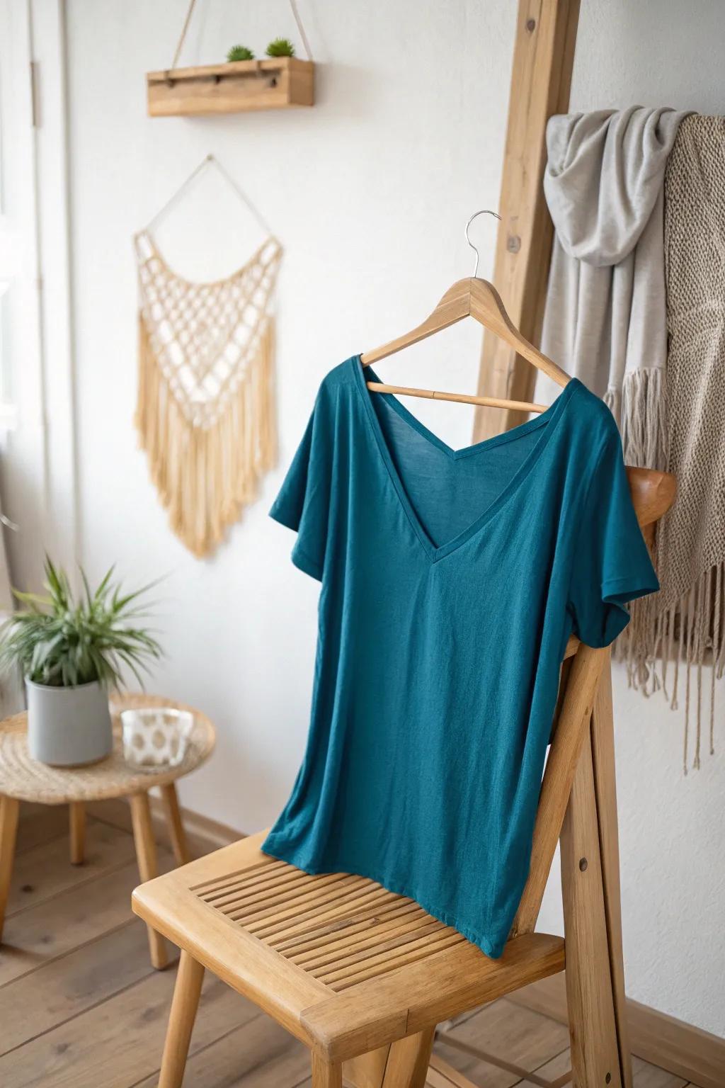 Embrace effortless style with a chic off-shoulder V-neck tee, perfect for sunlit days and casual outings.