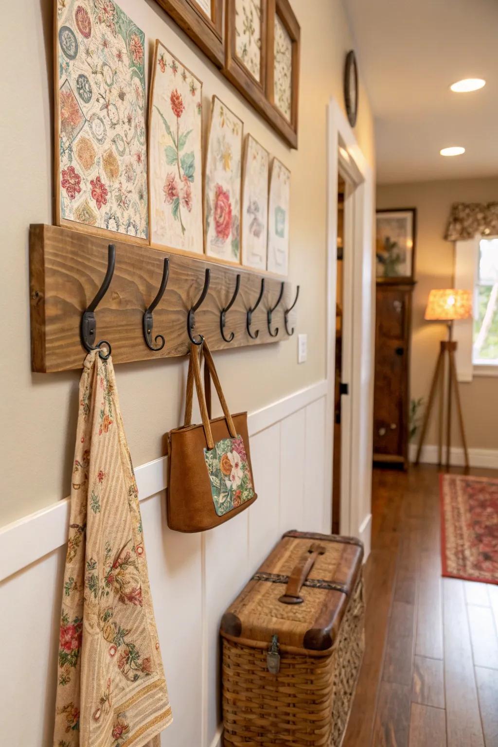 Add flair to your entryway with quirky decoupaged wall hooks.