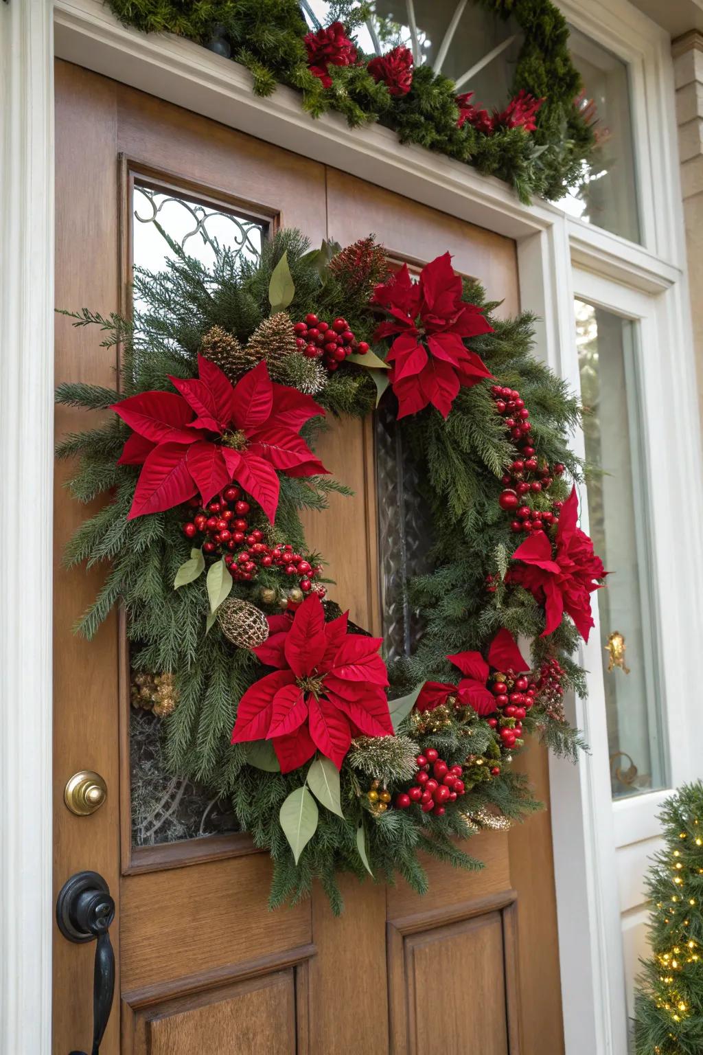 A traditional poinsettia and holly wreath on a classic door.