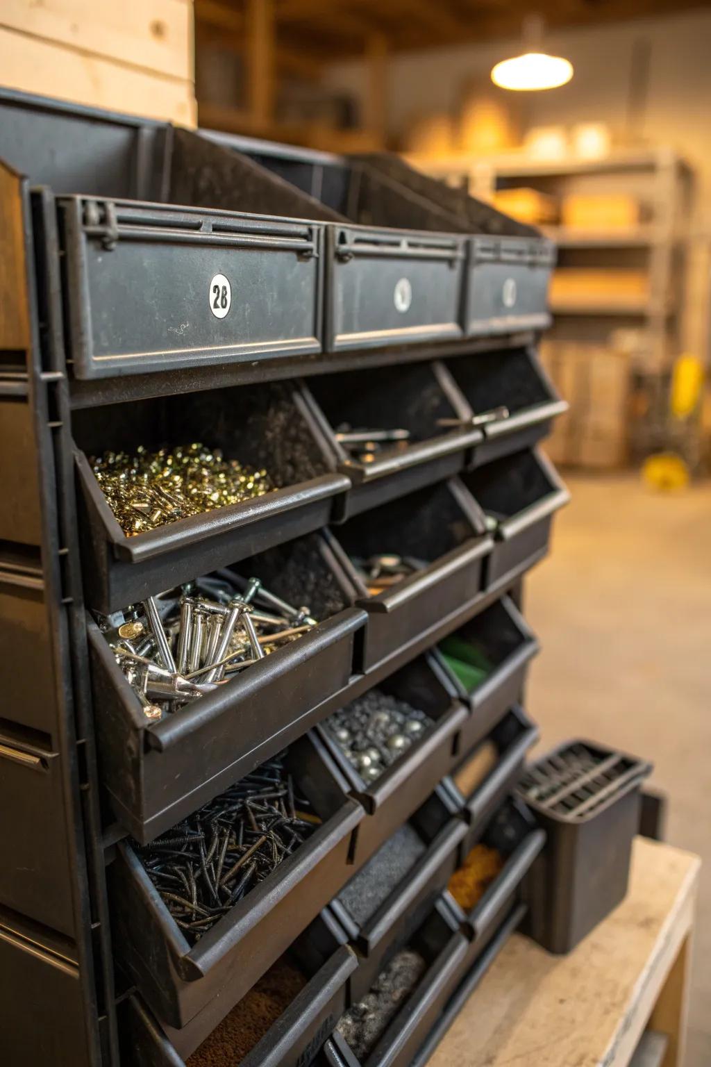 Master Your Space: Elevate your workshop organization with stackable bins.