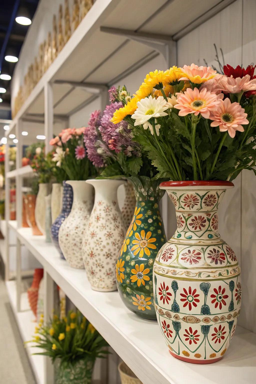 Ceramic vases offer both storage and decor for faux flowers.