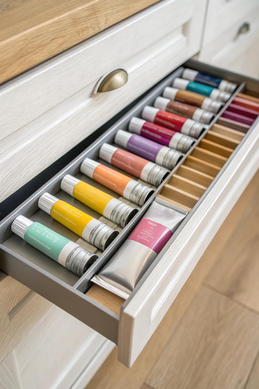 Transform your kitchen drawer into a vibrant artist's palette with sleek metal trays. #ScandiBoho #ColorfulStorage