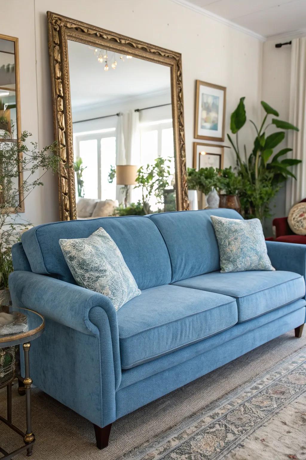 Mirrors reflect light, enhancing the blue couch's vibrancy.