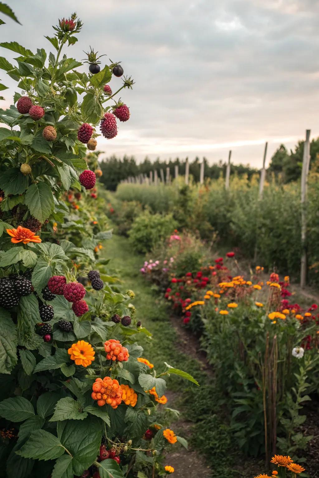 Pollinator plants enhancing berry production in the garden.