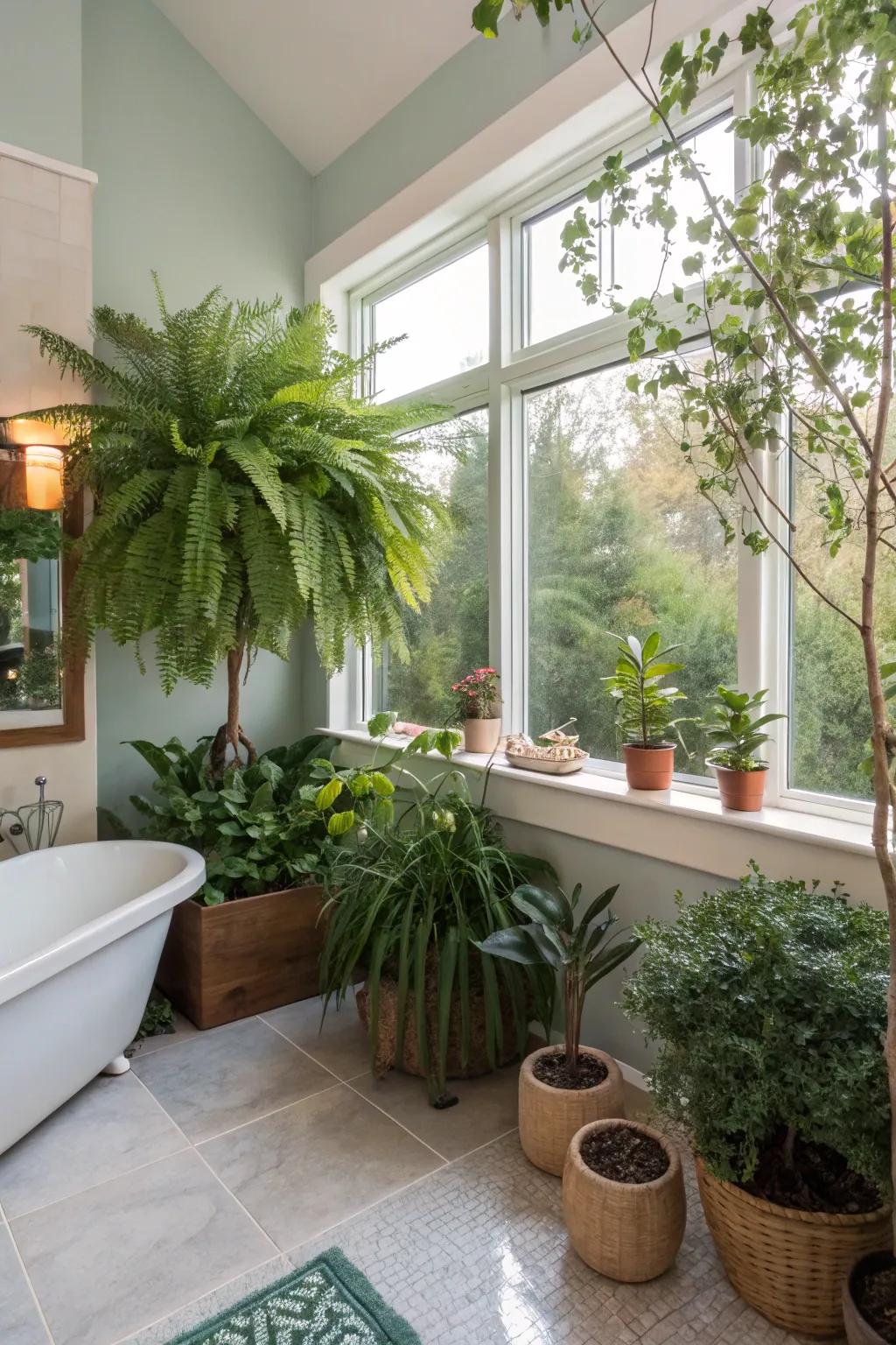 Incorporating greenery brings freshness and vibrancy to this master bathroom.