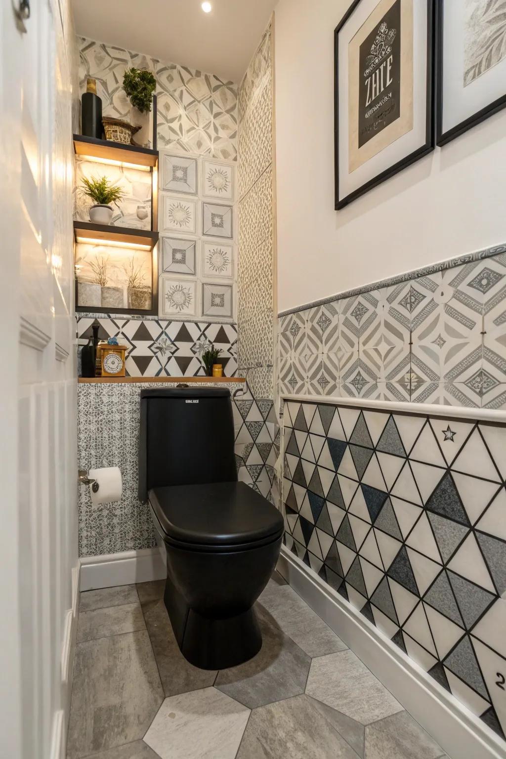 Geometric patterns add an artistic touch to a black toilet bathroom.