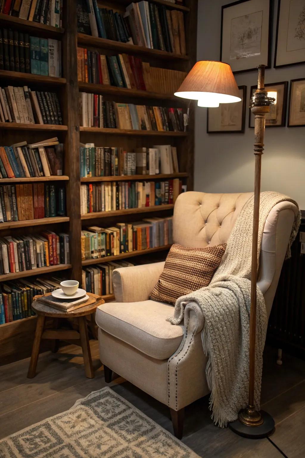 A reading nook offers a personal retreat for relaxation and escape.