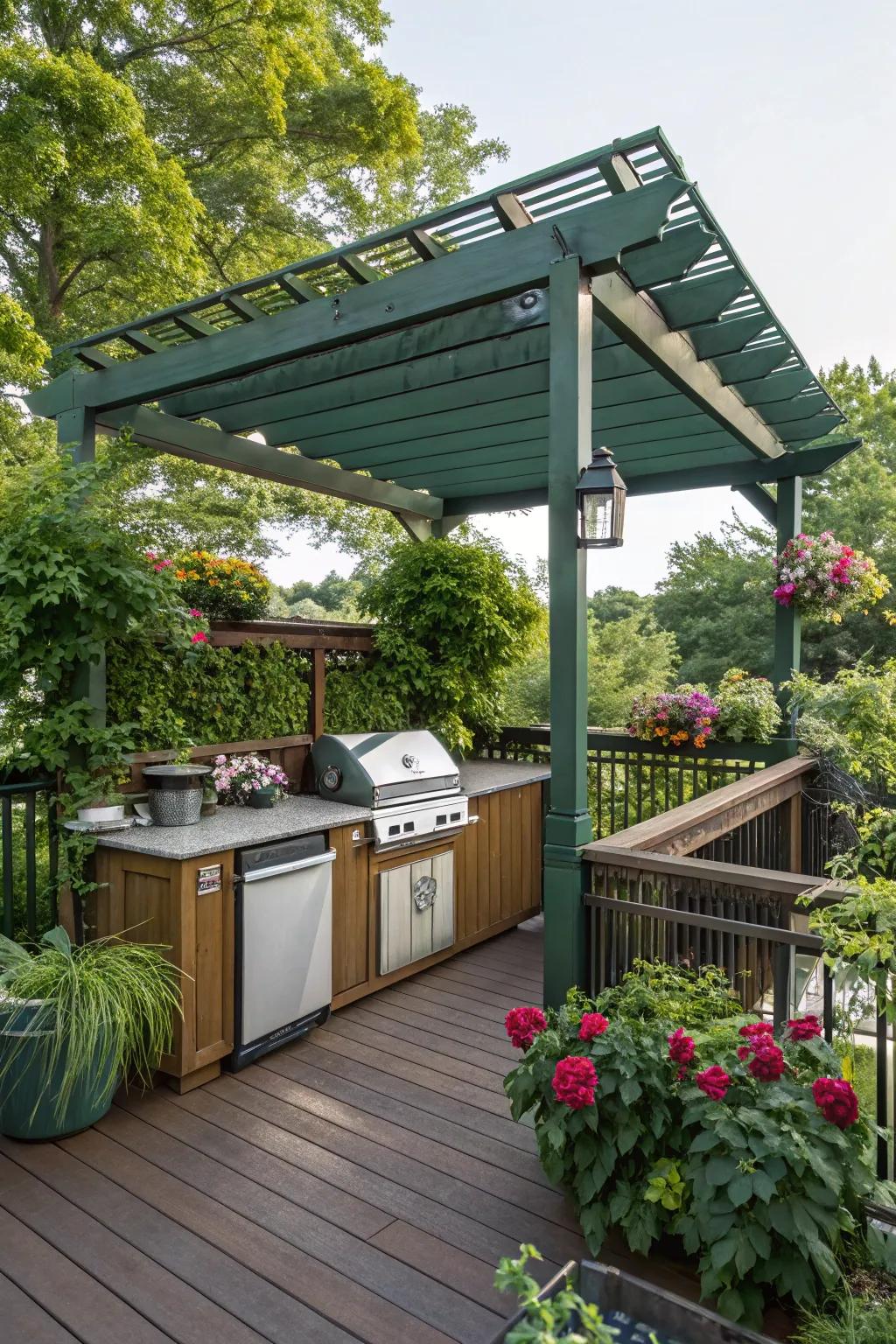 A green roof pergola combines sustainability with natural beauty.