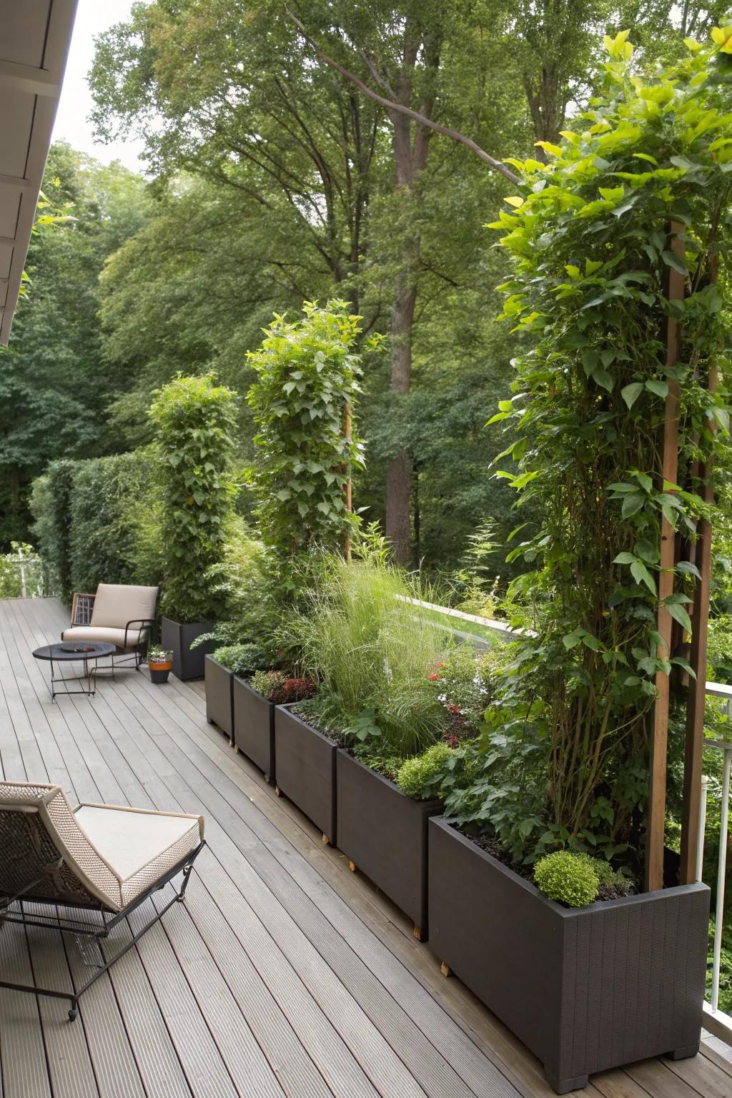 Tall planters offer privacy while maintaining an open feel.