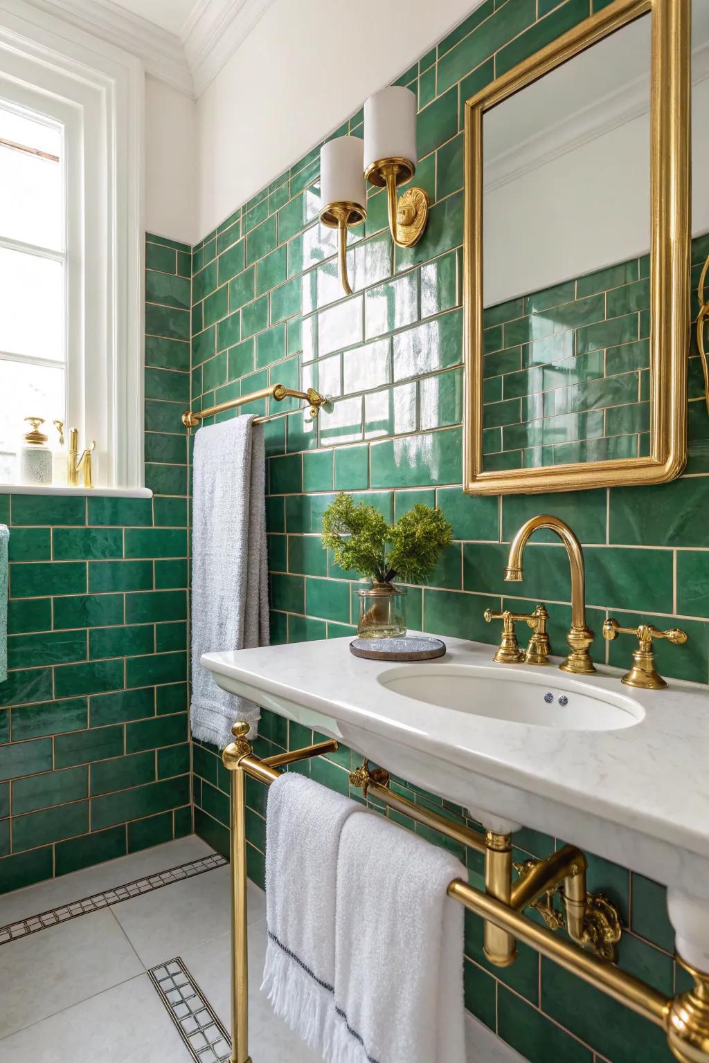 Classic gold fixtures and emerald green tiles offer timeless elegance.