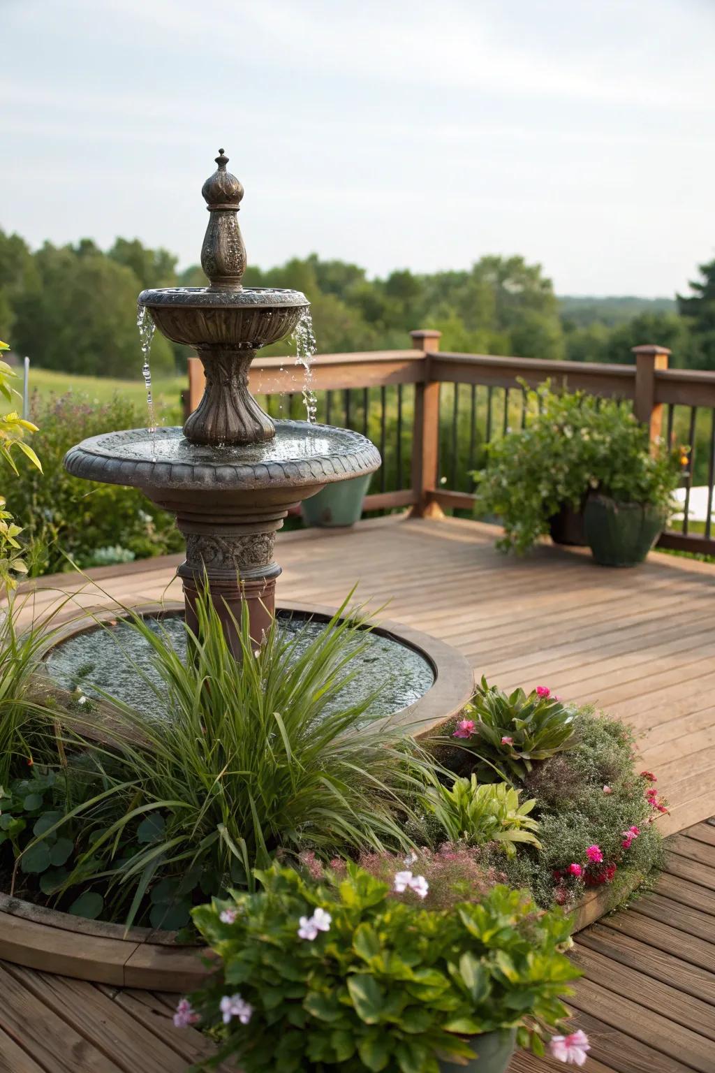 A water feature adding serenity and elegance to a high deck.