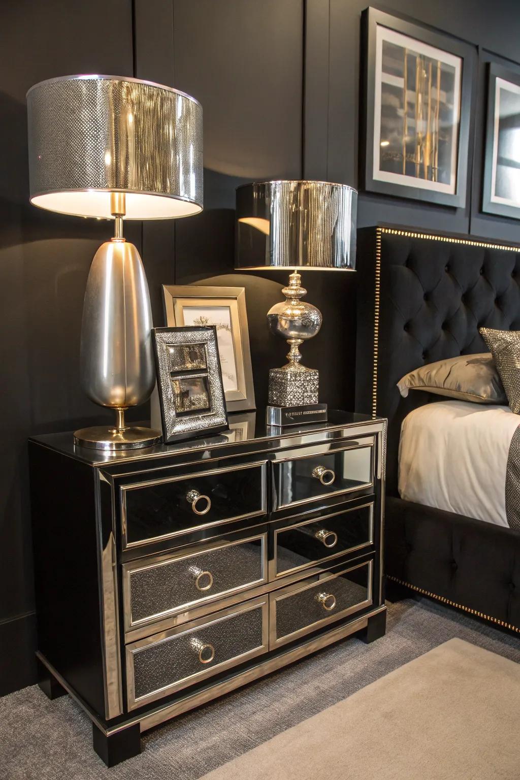 Metallic accents add modern glamour to this luxurious black bedroom.