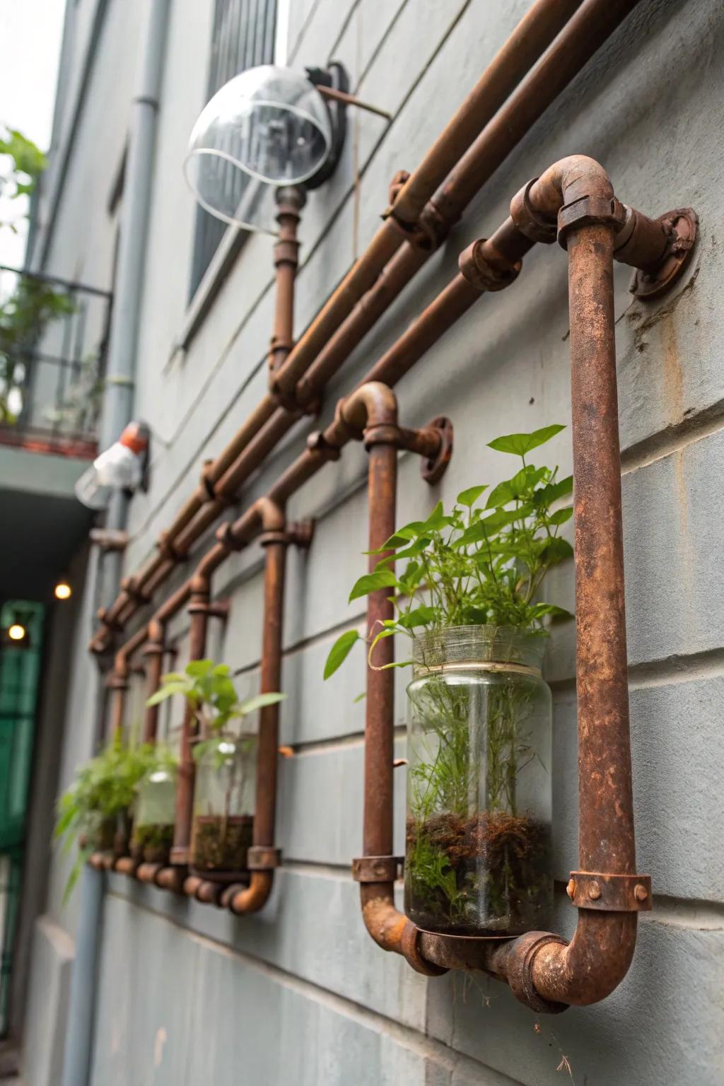 Industrial pipe brackets add a modern, urban touch to the propagation wall.