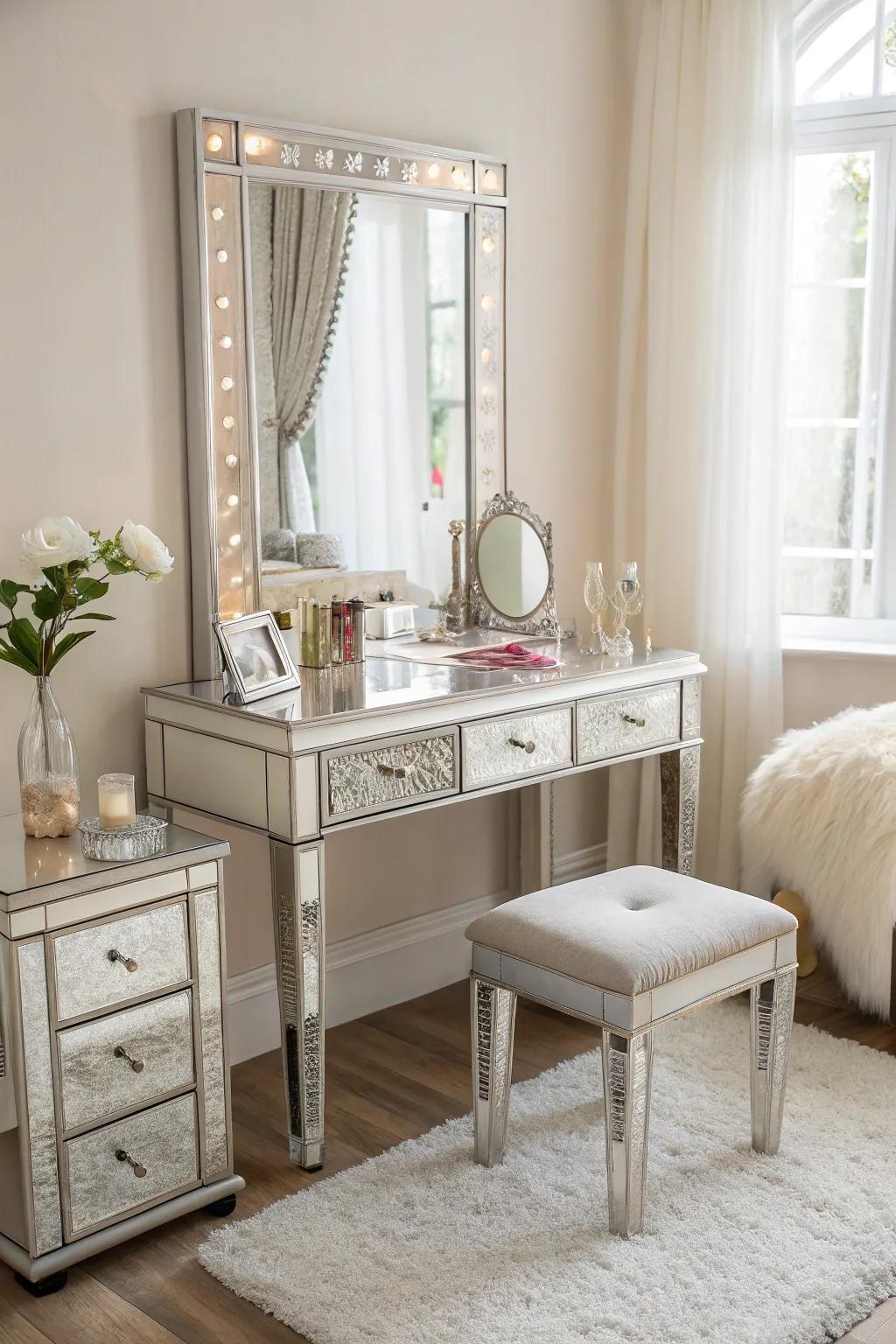 Mirrored furniture adding elegance to a small vanity.