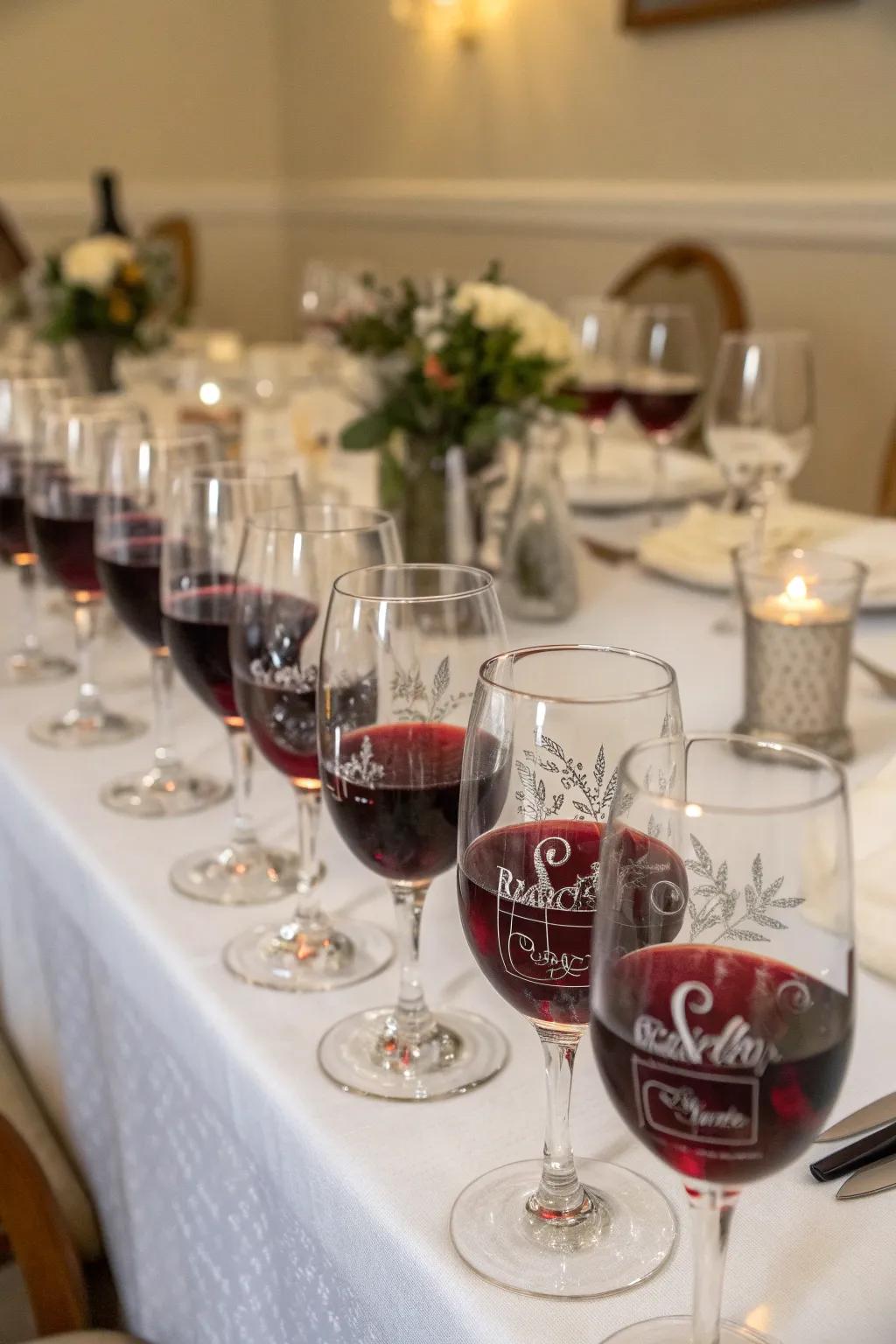 Custom wine glasses add a personal touch to every toast.