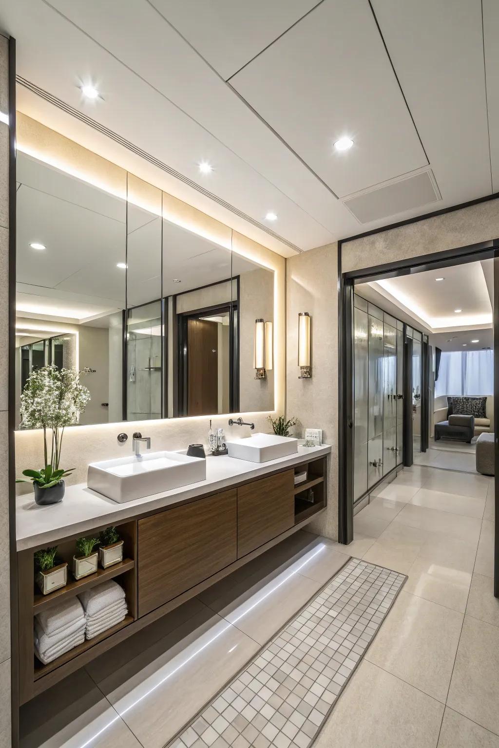 Mirrored soffits can open up bathroom spaces and reflect light beautifully.