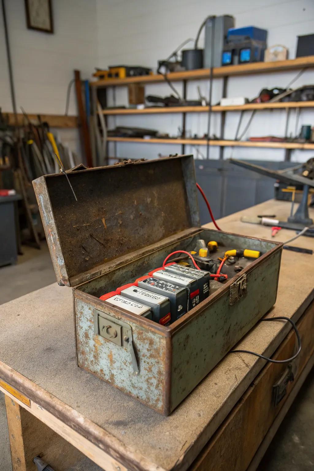 A repurposed toolbox adds industrial charm to battery storage.