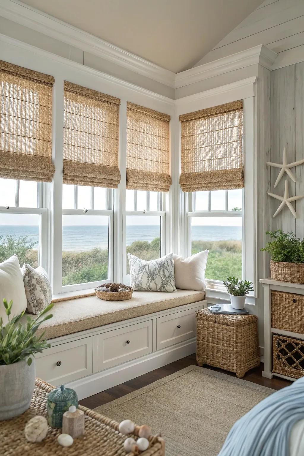 Woven wood shades bring natural texture and warmth.