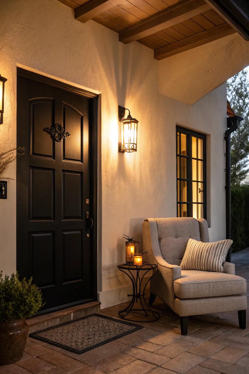 A cozy reading nook framed by a stylish black door.