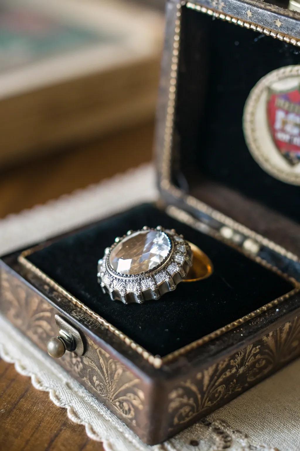 Nature-inspired gemstone bottle cap pins for a touch of elegance.