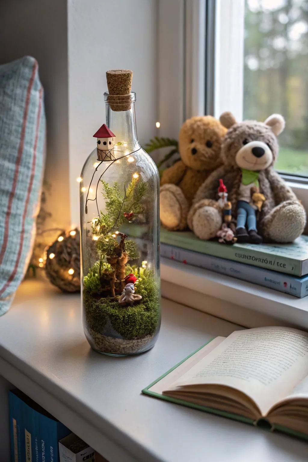 A whimsical fairy tale bottle lamp for a child's room.