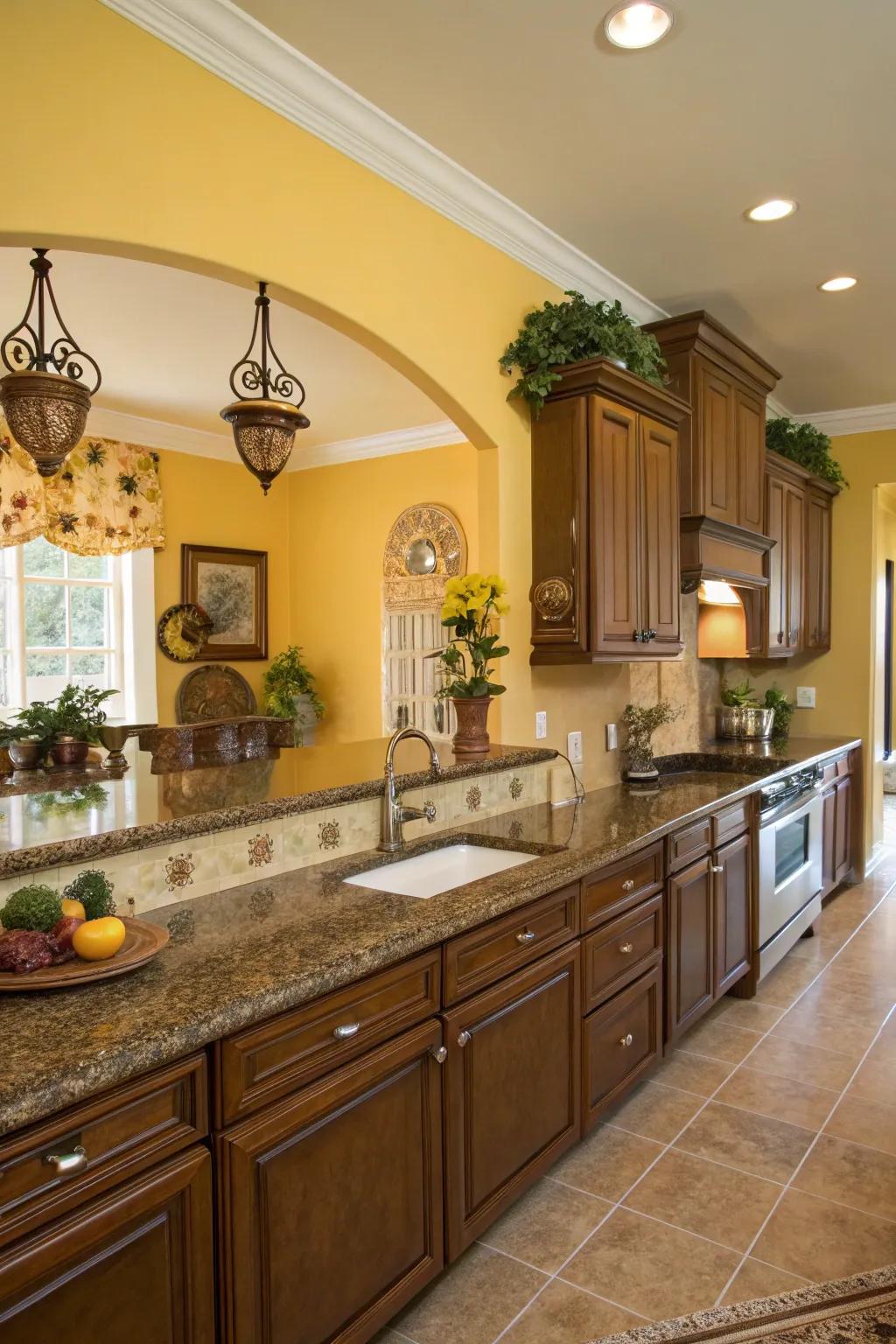 Golden yellow walls create a sunny and welcoming atmosphere with brown granite.