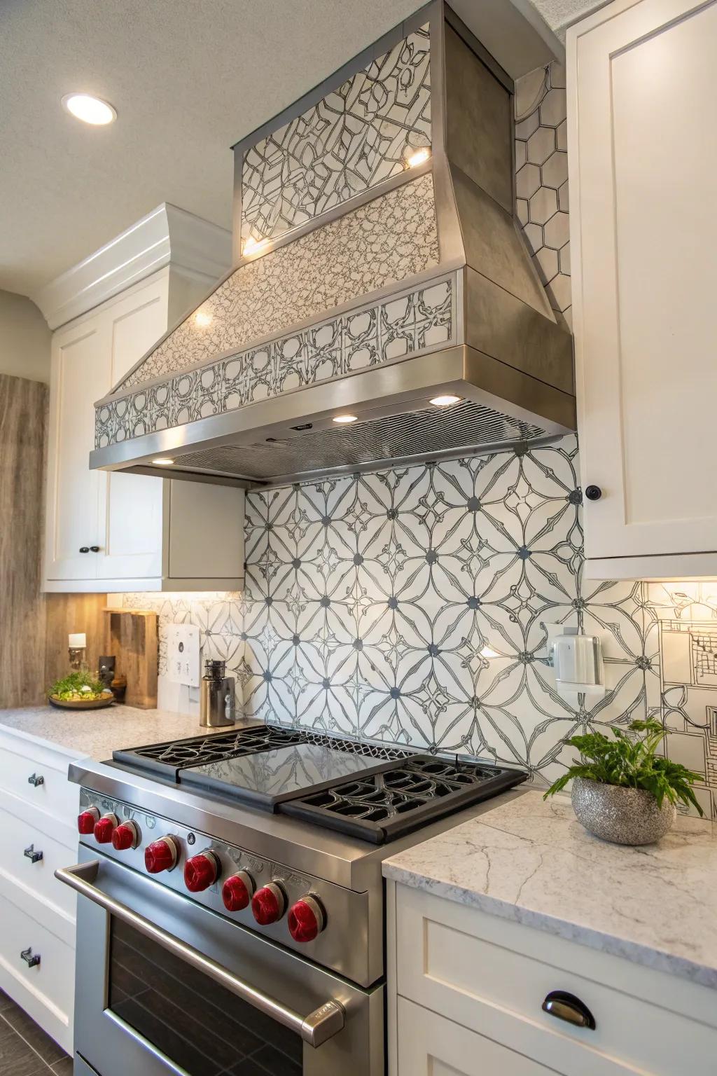 A contemporary kitchen with a geometric range hood and mosaic tiles.