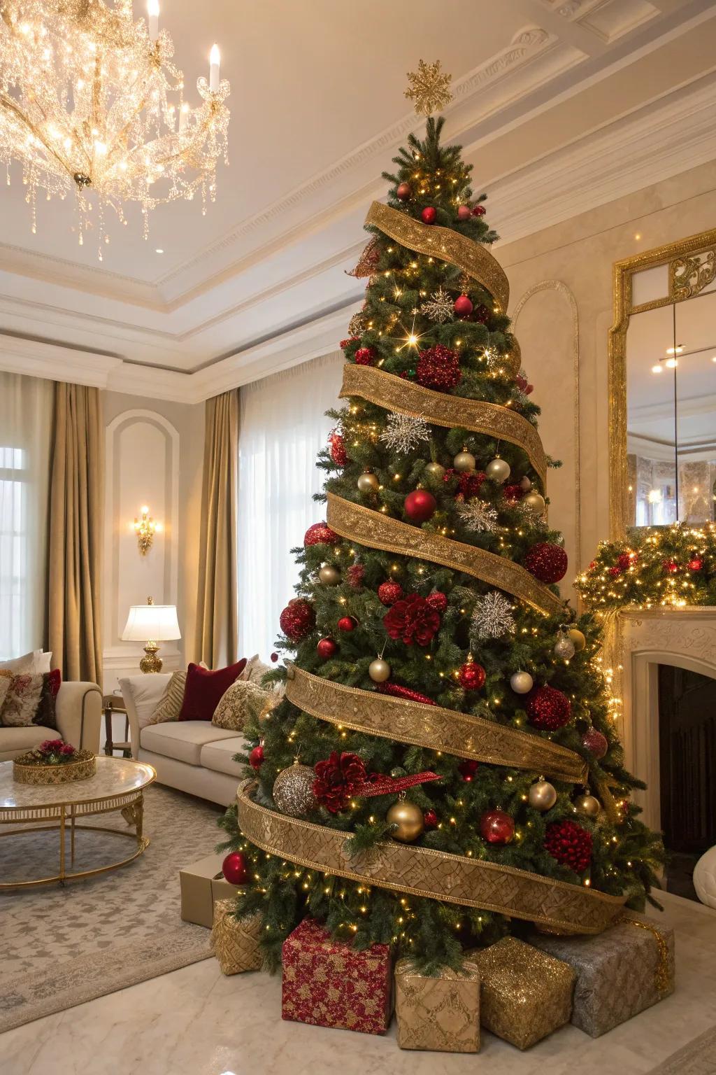 A dazzling Christmas tree featuring sequined ribbons, adding a glamorous sparkle to the holiday decor.