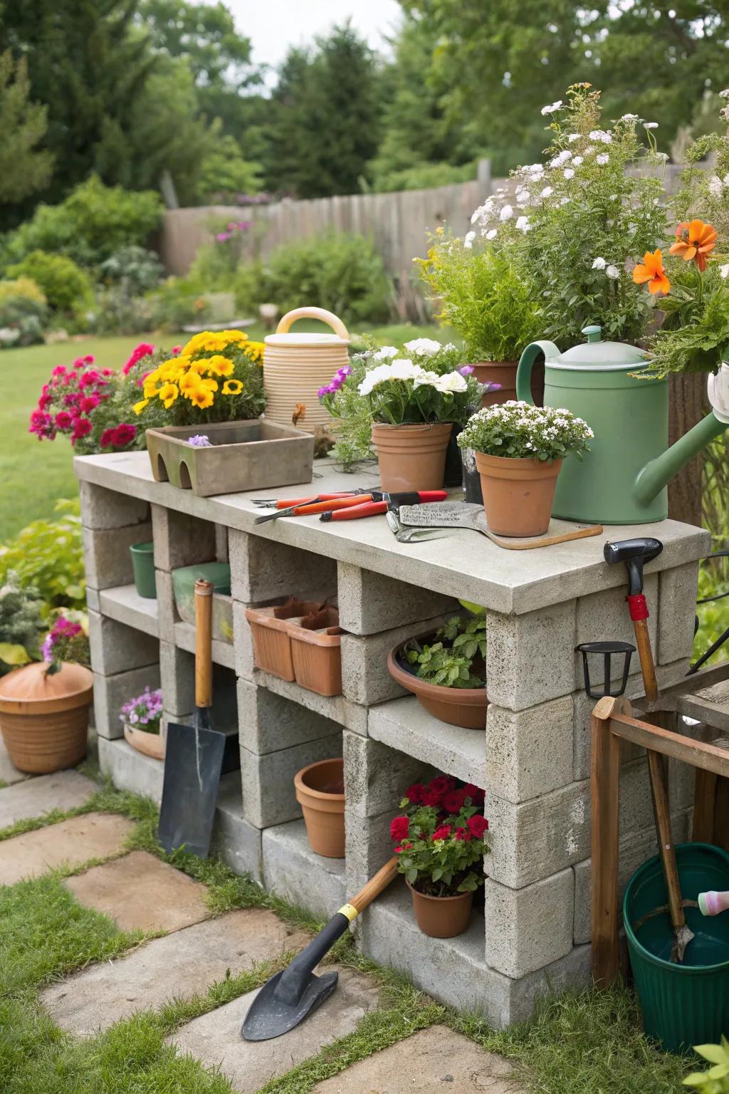 Enhance your gardening with a cinder block potting bench.