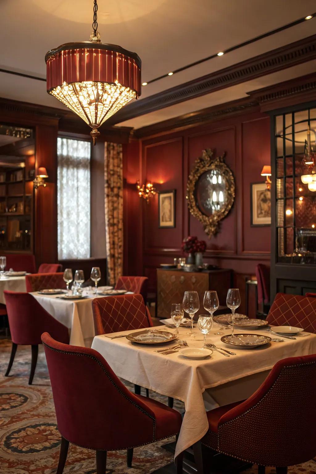 An elegant dining room with rust and burgundy tones.