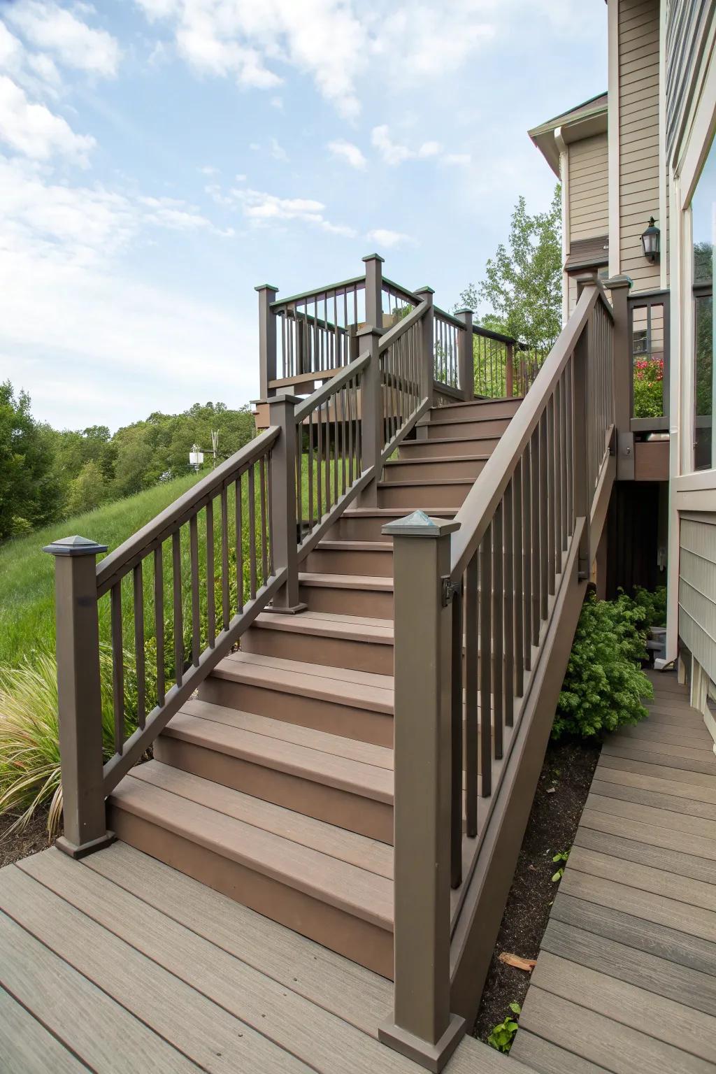 Matching railings create a harmonious design on composite stairs.