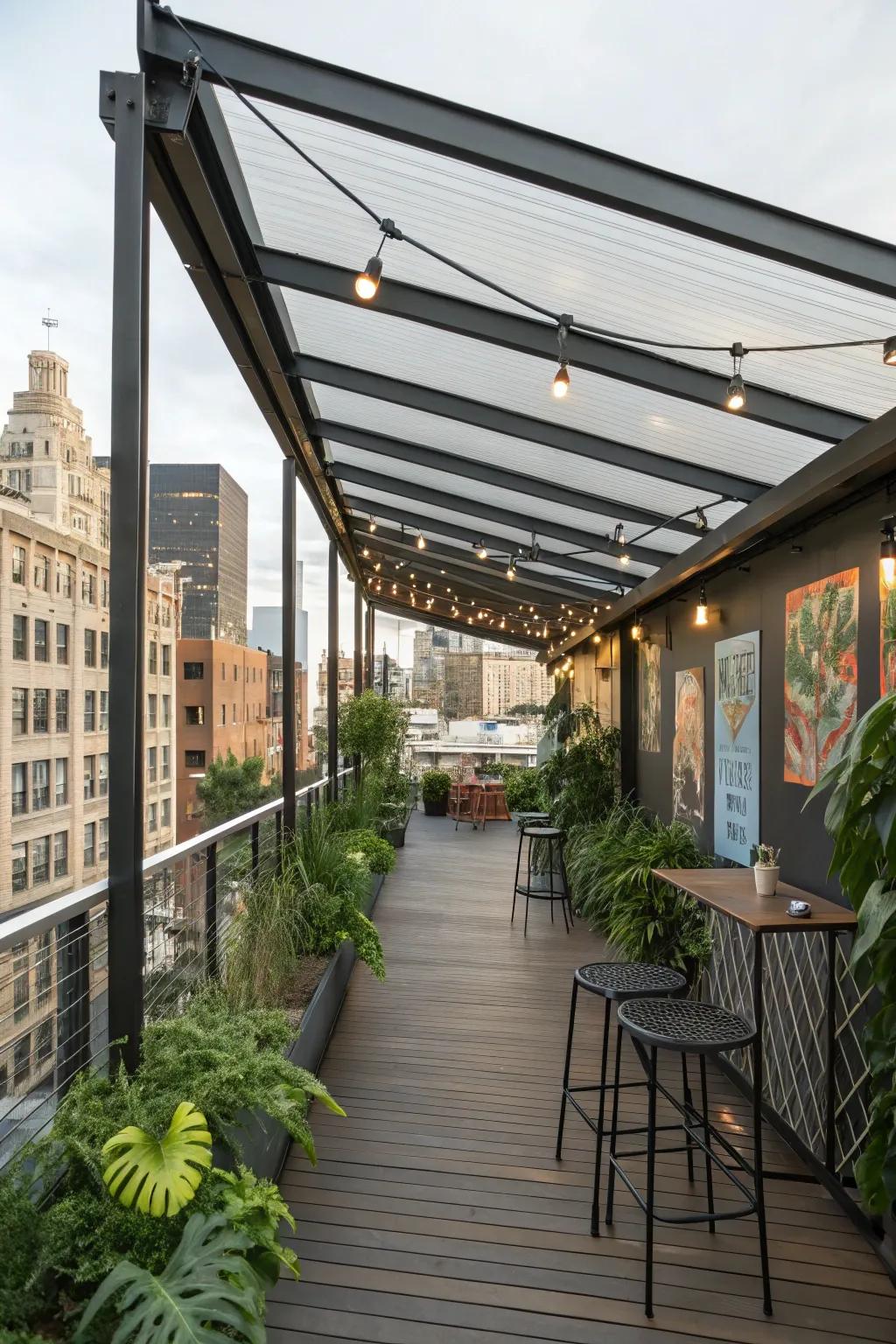 An industrial chic metal canopy adds a modern edge to this urban deck.