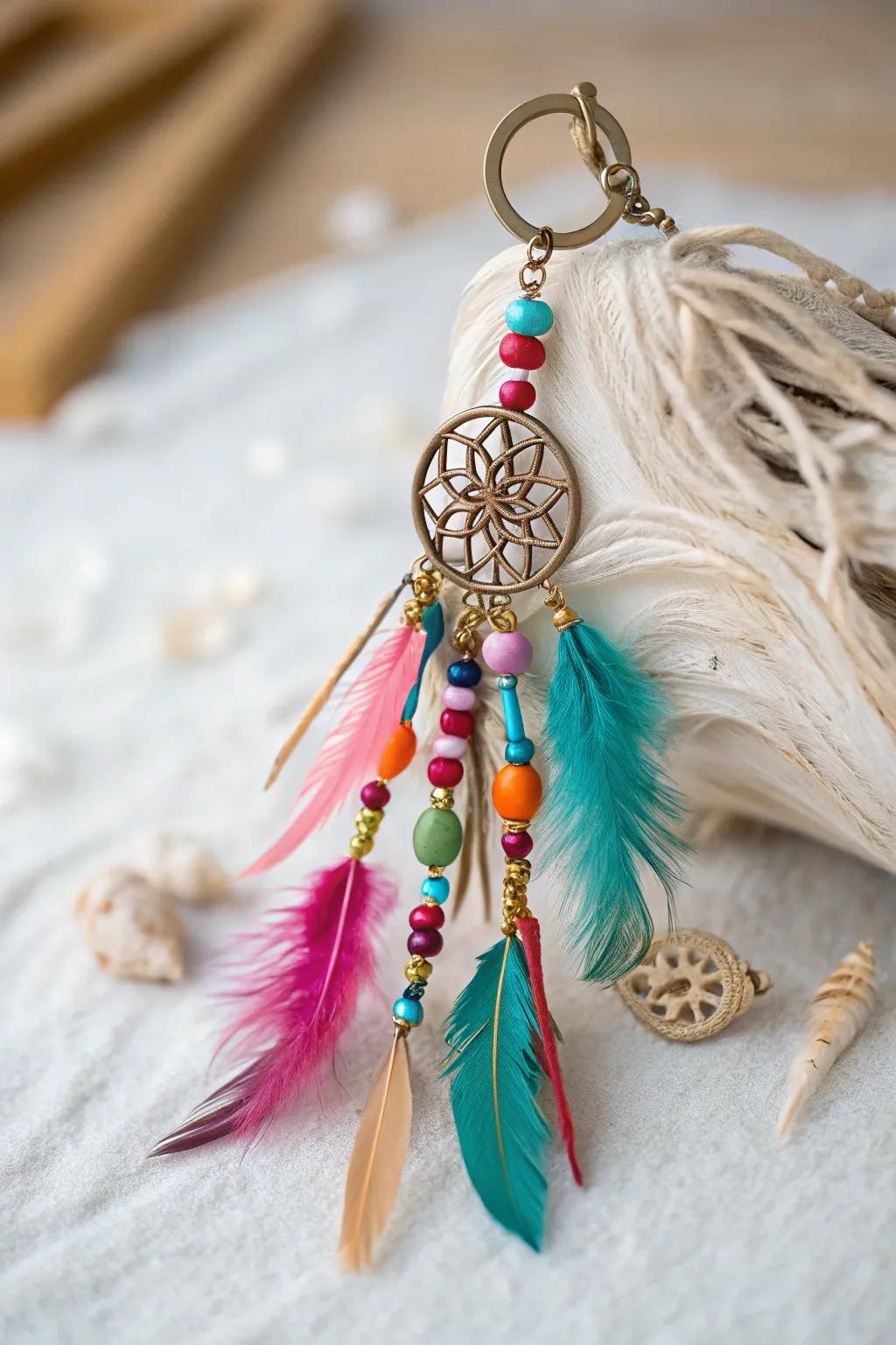 A bohemian-style keychain featuring feathers and beads.