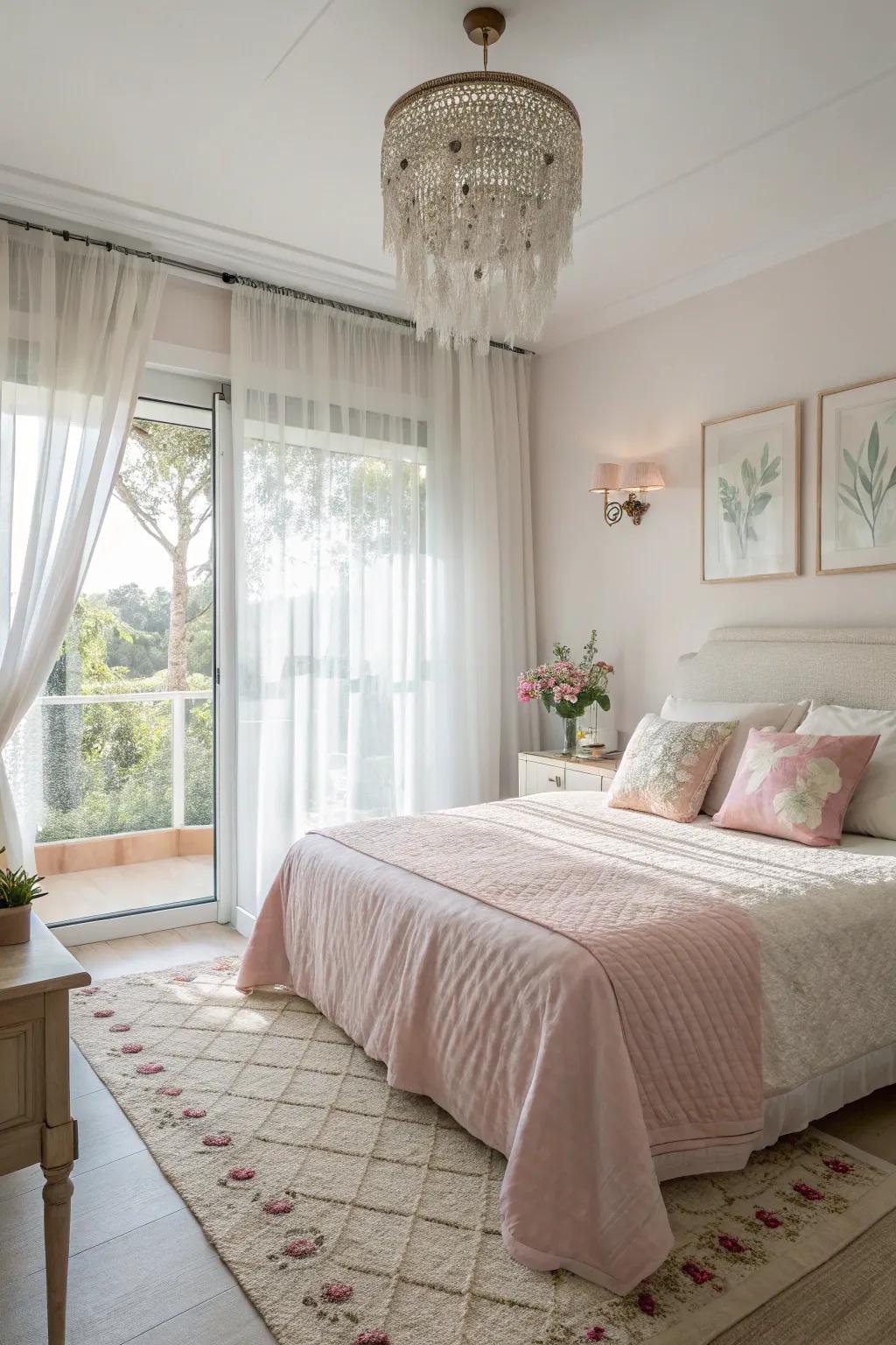 A pastel bedspread creates a serene and sophisticated space.