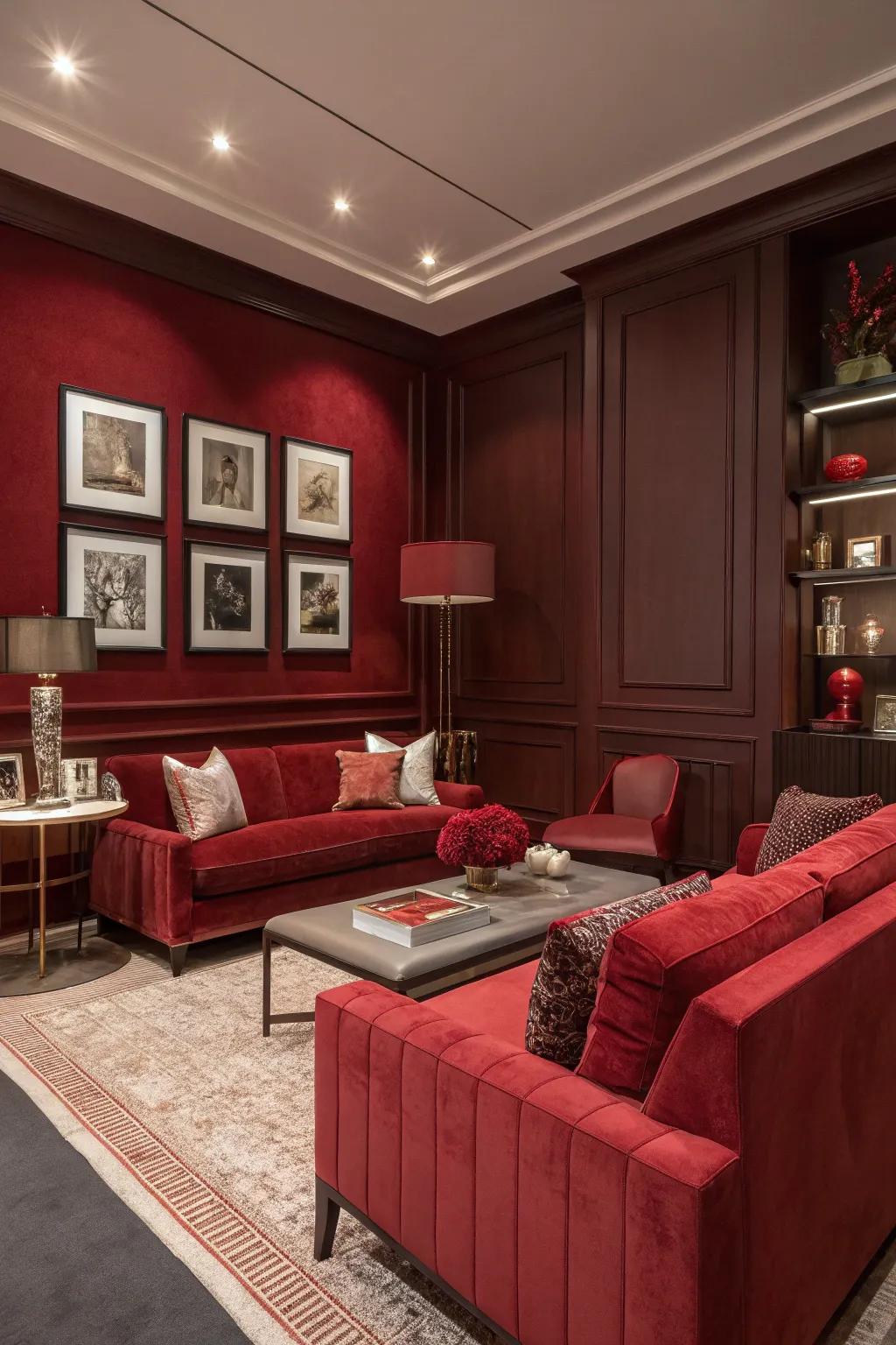 A chic living room with dark red walls and a monochromatic color scheme.